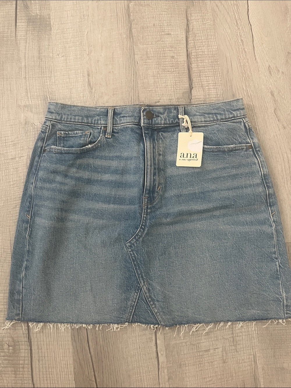 a.n.a Light Wash Denim Mini Skirt | Front Slit | Raw Hem | Casual Chic